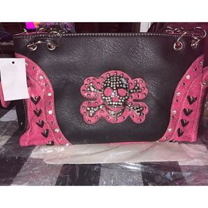 Embroidered Rhinestone Skull Contrast CC Handbag
